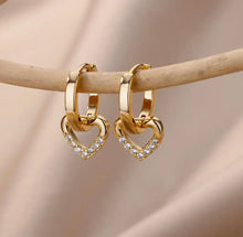Load image into Gallery viewer, Dangling Zirconia Heart Huggie Hoop Earrings