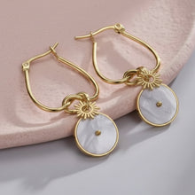 Load image into Gallery viewer, Pearl Shell Sunlit Drop Hoop Earrings

