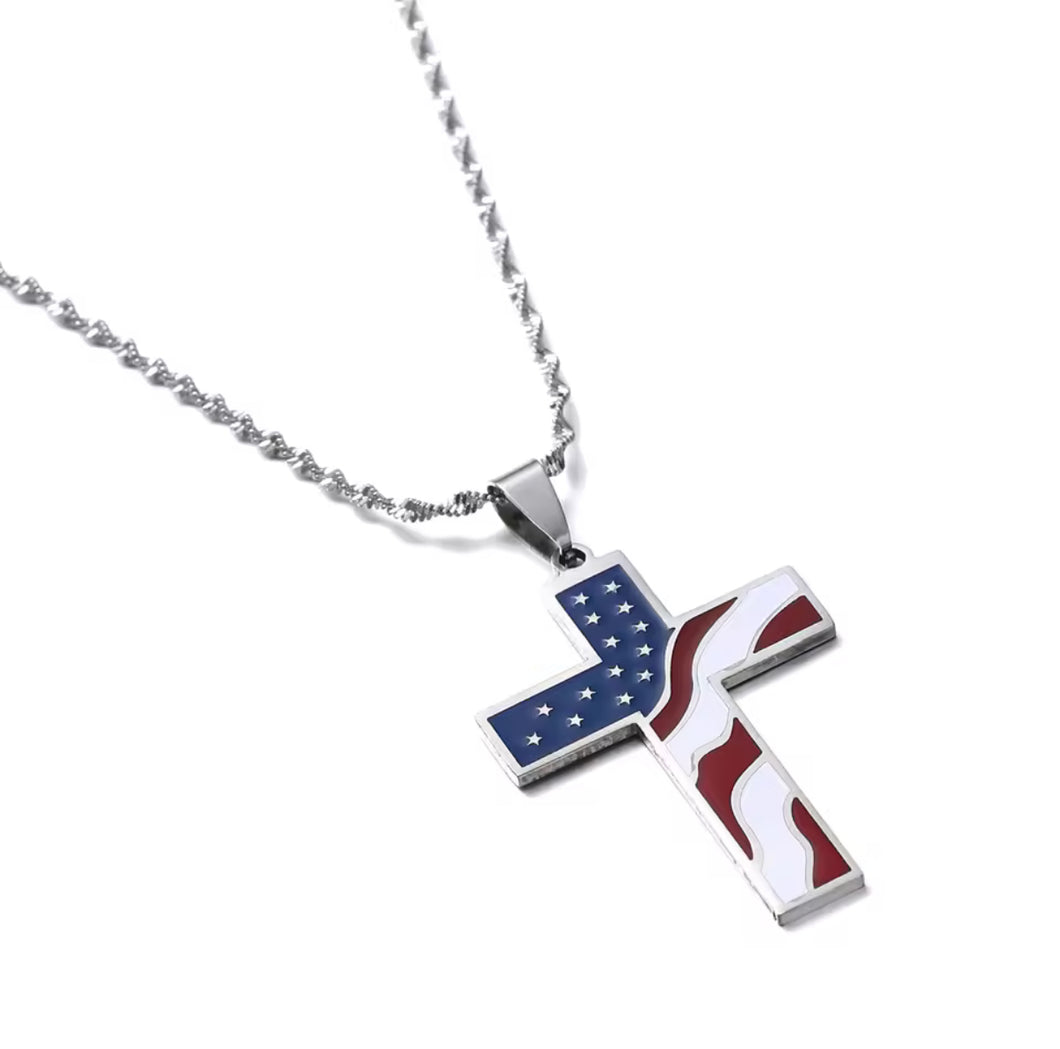 Red, White and Blue American Flag Cross Necklace