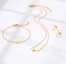 Load image into Gallery viewer, Mini Cross Necklace, Bracelet and Earrings Set
