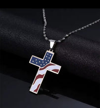 Load image into Gallery viewer, Red, White and Blue American Flag Cross Necklace
