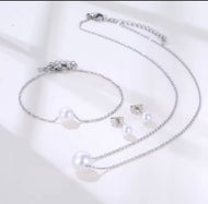 Pearl Necklace, Bracelet and Earrings Set