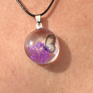 Round Glass Butterfly Pendant Necklace